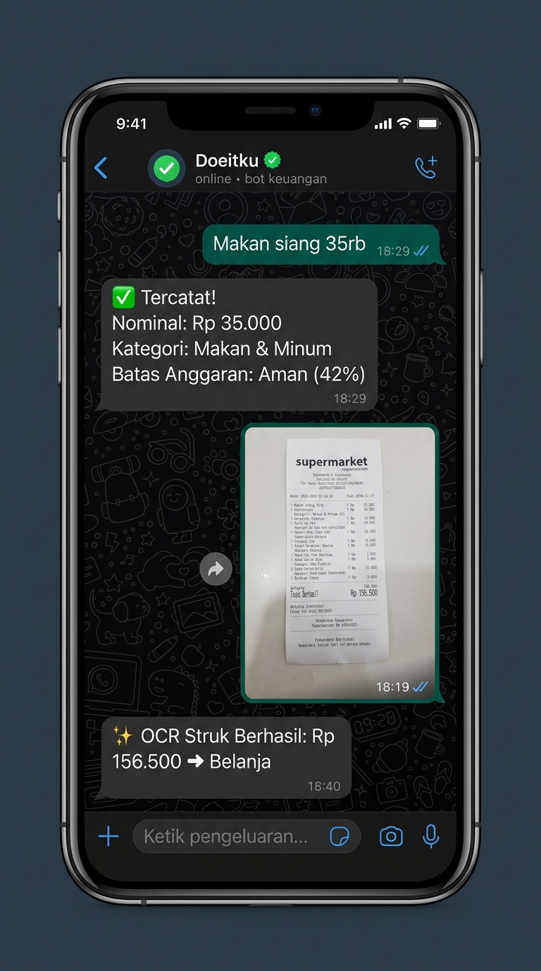 Mockup Chat WhatsApp Pencatat Keuangan Otomatis Doeitku